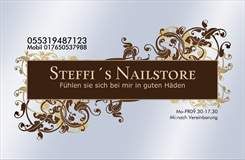 Visitenkarte von Steffi's Nailstore mit Verzierungen und Kontaktnummer.