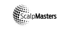 Logo of "ScalpMasters" with a dotted half-sphere design on the left, in black and white.