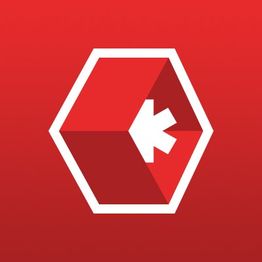 Red hexagon logo with white arrow inside, set on a red gradient background.