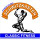 Schwitzkasten Fitnessstudio-Logo mit muskulöser Pose und Text "Classic Fitness" in Blau.