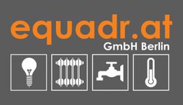 Grauer Hintergrund, Logo "equadr.at GmbH Berlin" mit Symbolen: Glühbirne, Heizung, Wasserhahn, Thermometer.