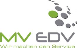 Logo von MV EDV mit Slogan "Wir machen den Service" in grün und grau.