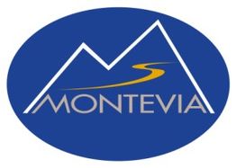 Blaues Logo mit Bergmotiv und Schriftzug "Montevia" in Weiß und Gelb.