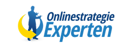 Logo mit Text „Onlinestrategie Experten“ und einem blauen Silhouettenbild eines Menschen mit Pfeil.