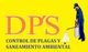 Hombre fumigando con texto "DPS Control de Plagas y Saneamiento Ambiental" en fondo amarillo.