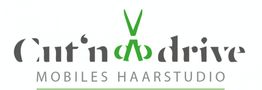 Logo von "Cut'n Drive", Mobilen Haarstudio, mit grüner Schere im Schriftzug.