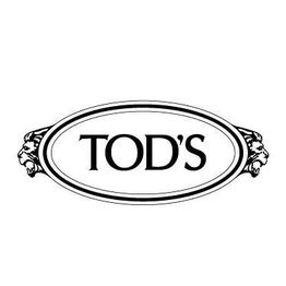 Logotipo oval com a palavra "TOD'S" no centro e adornos de cabeça de leão nas laterais.