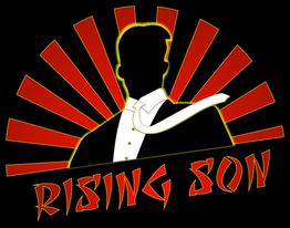 Silhouette of a person with rays and "Rising Son" text, on a black background.