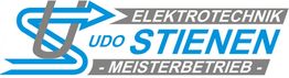 Logo: Elektrotechnik Udo Stienen - Meisterbetrieb mit blau-grauer Schrift und Pfeil.