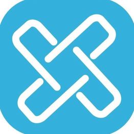 Blue logo with a white interlocking loop design resembling a stylized X.