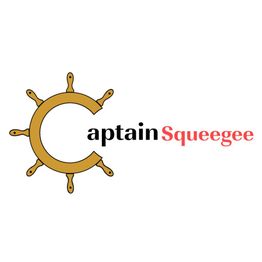 Logo with a ship wheel forming the "C" in "Captain Squeegee," in black and red text.