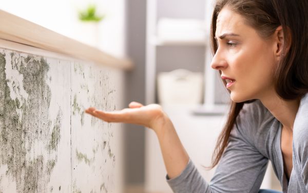 Frau blickt schockiert auf einen dunklen Schimmelbefall an einer weißen Wand direkt unter ihrem Fensterbrett.