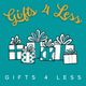 Logo "Gifts 4 Less" met cadeaus op een turquoise achtergrond.