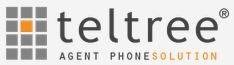 Logo von teltree, einem Anbieter für Telefonlösungen. Links ein Raster aus grauen und orangen Quadraten.