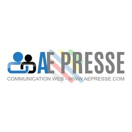 Logo AE Presse, texte "COMMUNICATION WEB - WWW.AEPRESSE.COM", icône de personnes en bleu et noir.