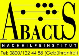 Gelbes Logo "Abacus Nachhilfeinstitut" mit schwarzem Abakus-Motiv und Telefonnummer: 0800/122 44 88.