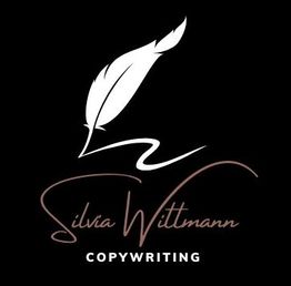 Federmotiv mit den Worten "Silvia Wittmann Copywriting" auf schwarzem Hintergrund.