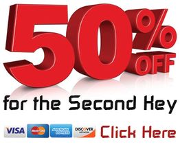 "50% off for the second key, credit card icons, and 'Click Here' text in red."