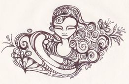 Illustration einer Frau mit geschlossenen Augen, umgeben von abstrakten, floralen Mustern.