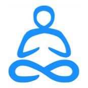 Blaues Meditationssymbol mit stilisierter Figur in Lotussitz, Unendlichkeitszeichen enthalten.