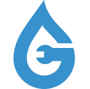 Blåt dråbeformet logo med et hvidt "G" indeni.