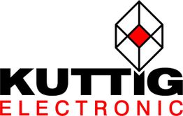 Logo von Kuttig Electronic mit grafischem Würfelsymbol, schwarzer und roter Schrift.