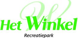Logo van "Het Winkel Recreatiepark" in groene letters. Achtergrond met beige decoratief patroon.