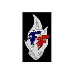 Logo mit blauer und roter Maske auf einem grauen Helm vor schwarzem Hintergrund.