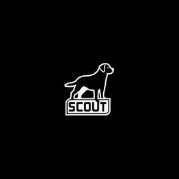 Silhouette of a dog standing over the word "Scout" on a black background.