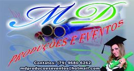 Imagem de fundo colorido com texto "MD Produções e Eventos" e detalhes de contato.