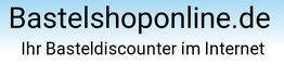 Text: "Bastelshoponline.de - Ihr Basteldiscounter im Internet" auf blau-weißem Hintergrund.
