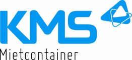 Logo mit blauem "KMS Mietcontainer" Text und einem blauen 3D-Dreieck-Symbol.