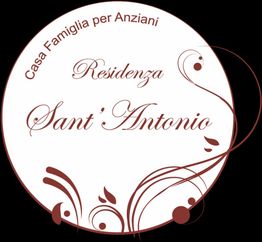 Logo tondo con testi "Casa Famiglia per Anziani" e "Residenza Sant’Antonio". Decori floreali.