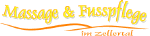 Gelber und oranger Schriftzug: "Massage & Fusspflege im Zellertal" auf weißem Hintergrund.