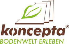 Logo der Firma "Koncepta" mit grünem Blattmotiv und Slogan "Bodenwelt erleben".