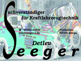Text mit Autounfallkulisse, Kontaktdaten von Detlev Seeger, Kfz-Sachverständiger in Altena.