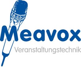 Logo mit blauem Mikrofon, Text "Meavox Veranstaltungstechnik" in Blau und Grau.