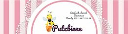 Eine lächelnde Biene mit Staubwedel und der Aufschrift "Putzbiene" auf rosa Hintergrund.