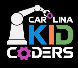 Robot arm with text "Carolina Kid Coders" using colorful and mechanical-themed font.