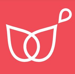 Weißes, florales Logo auf rotem Hintergrund.