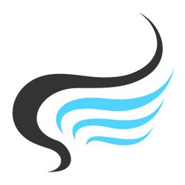 Abstraktes schwarz-blaues Flügel-Design auf weißem Hintergrund.