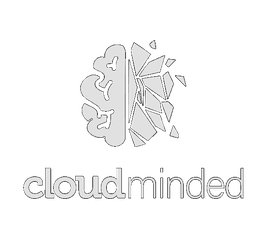 Gehirn-Symbol mit Pixeln und Text "cloudminded" darunter.