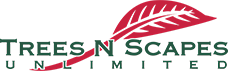 A logo with text "Trees N Scapes Unlimited" and a stylized red leaf design above the text.
