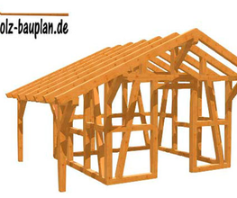 Holzrahmenkonstruktion für ein Gebäude, offenes Design mit Schrägdach, "holz-bauplan.de" Logo.