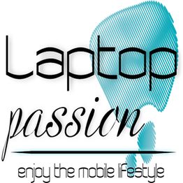 Text im Bild: "Laptop passion - enjoy the mobile lifestyle", mit einem abstrakten blauen Hintergrund.