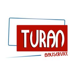 Logo von Turan Bauservice: Roter Hintergrund mit weißer Schrift, blauer Rahmen im Hintergrund.