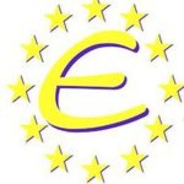 Letra "E" amarilla rodeada de estrellas amarillas en círculo.