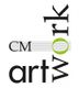 Schriftzug "CM artwork" in kreativem Design mit grünem O und Linien, teils horizontal und vertikal.