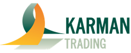 Zwart-wit logo met tekst "Karman Trading" en een gestileerde grafische vorm aan de linkerkant.