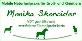 Mobile Tierheilpraxis-Logo mit Tierfiguren und Name „Monika Skorwider“, zertifizierte Tierheilpraktikerin.